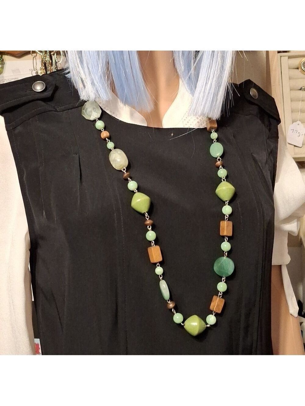Lia Sophia Green and Brown Wooden Beaded Necklace W/ Natural Stones 32"